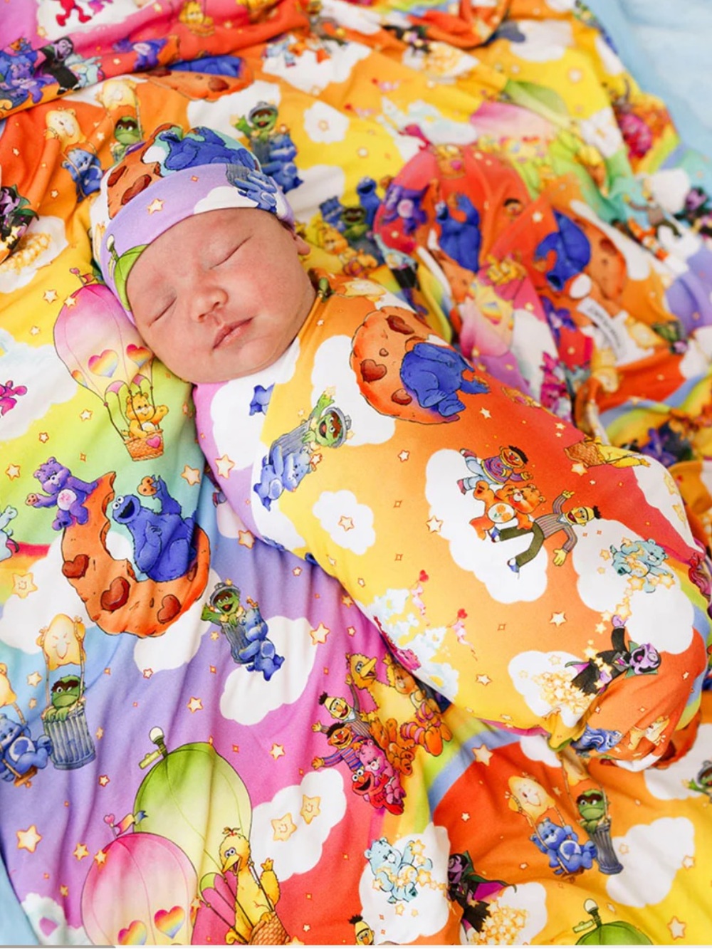 Posh Peanut Care Bears x Sesame Friends Kids Swaddle Beanie Set - Rainbow